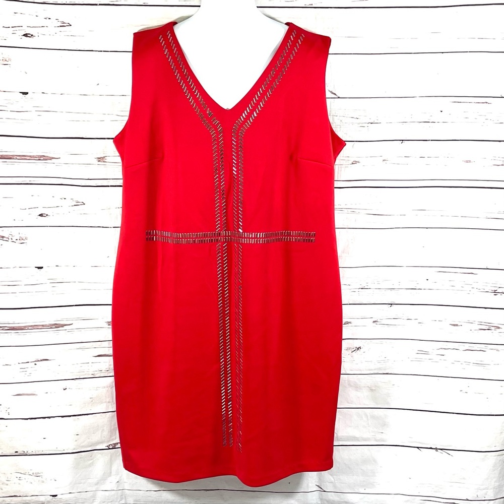 Ashley Stewart Scuba Dress Women’s Plus Size 26W Sleeveless Red Studded.